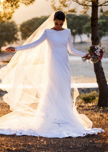 A-line Long Sleeved Satin Wedding Dresses with Cowl Back