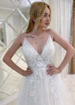 A-line Bohemian Lace Tulle V Neck and Back Bridal Dress