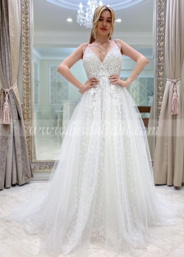 A-line Bohemian Lace Tulle V Neck and Back Bridal Dress