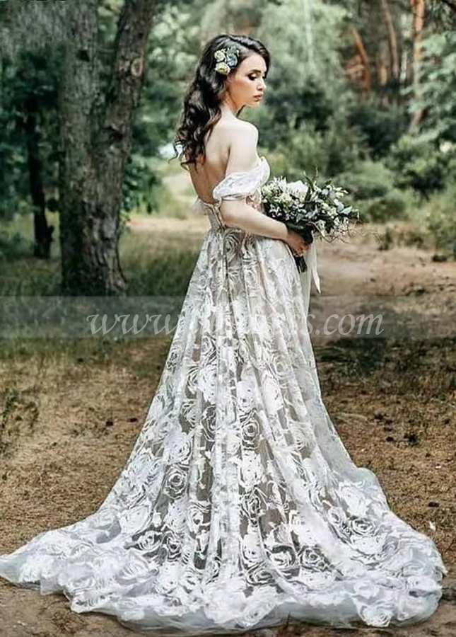 A Line Skin Lining Lace Wedding Dresses Elegant Bride Dress With Train