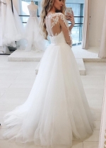 A Line Tulle Wedding Dresses Sweep Train with Illusion Sleeves