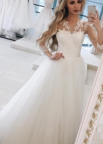 A Line Tulle Wedding Dresses Sweep Train with Illusion Sleeves