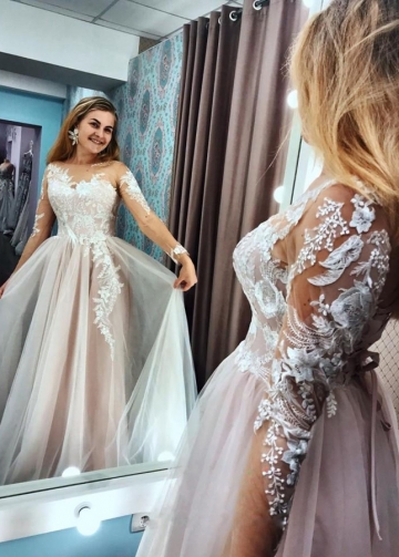 A Line Long Sleeves Blushing Pink Lining Wedding Dress With Lace Appliques