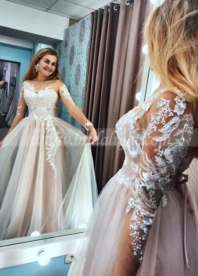 A Line Long Sleeves Blushing Pink Lining Wedding Dress With Lace Appliques