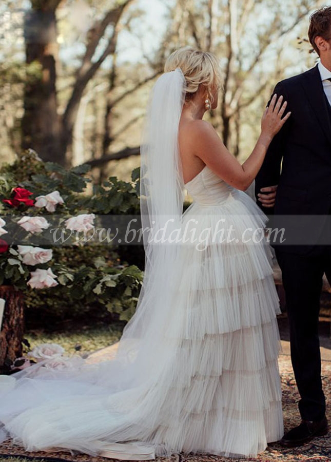 A Line Strapless Bohemian Tiered Tulle Wedding Dresses