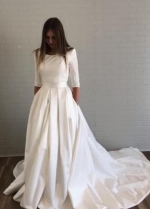 Bateau Satin Half Sleeves Wedding Dresses with Pockets