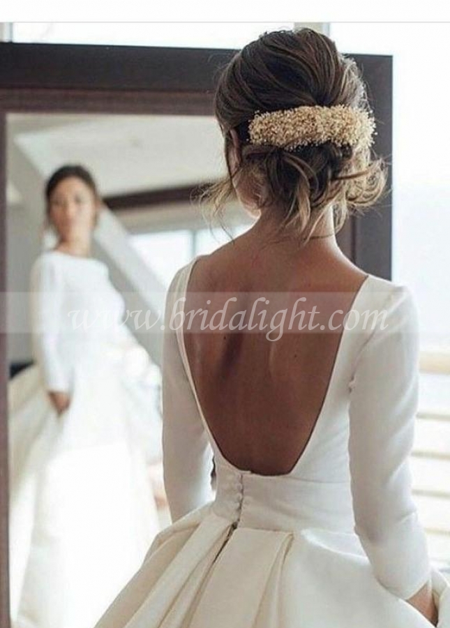 Bateau Neck Satin Wedding Gowns with 3/4 Sleeves
