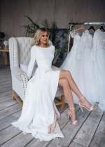 Boat Neck Long-sleeve High Low Wedding Dress 2022