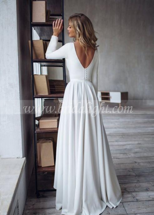 Boat Neck Long-sleeve High Low Wedding Dress 2023