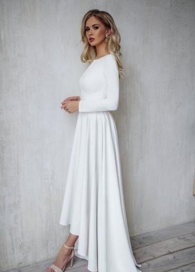 Boat Neck Long-sleeve High Low Wedding Dress 2023
