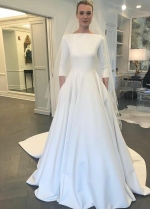 Boat Neck 3/4 Sleeves Satin Wedding Gown with Pockets