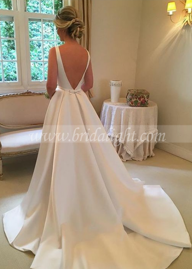 Bateau Neckline A-line Satin Simple Wedding Dresses 2022