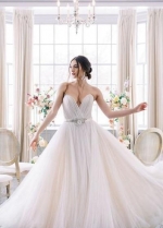 Backless Tulle Wedding Dress with Flower Beaded Belt