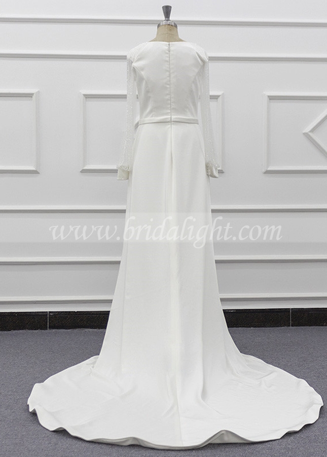 Bateau Neckline Crepe Simple Bridal Gown with Beading String Sleeves