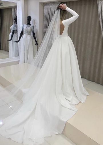 Boat Neck Full Sleeves Wedding Gown Backless
