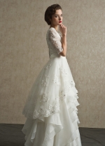 Bead Lace Modest Wedding Dress with Ruffled Organza Skirt