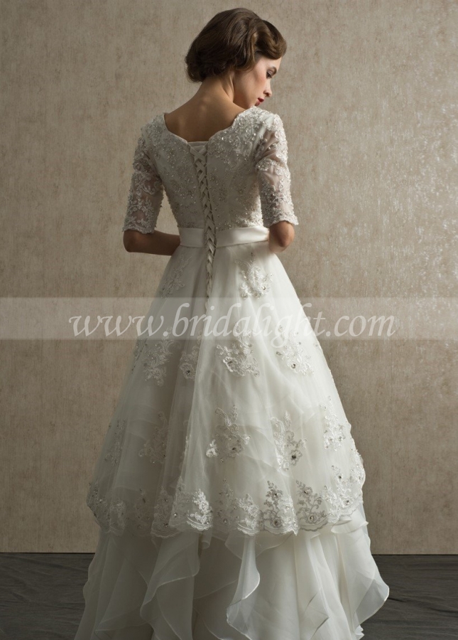 Bead Lace Modest Wedding Dress with Ruffled Organza Skirt