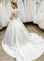 Bateau Neckline Satin Wedding Gown with Sheer Lace Sleeves