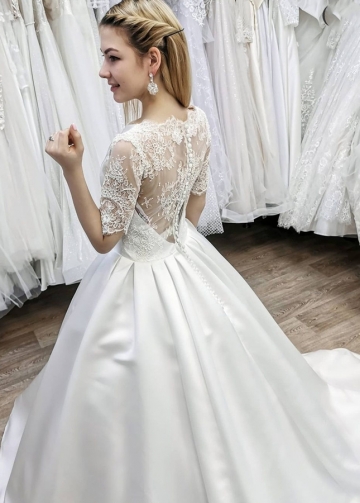 Bateau Neckline Satin Wedding Gown with Sheer Lace Sleeves
