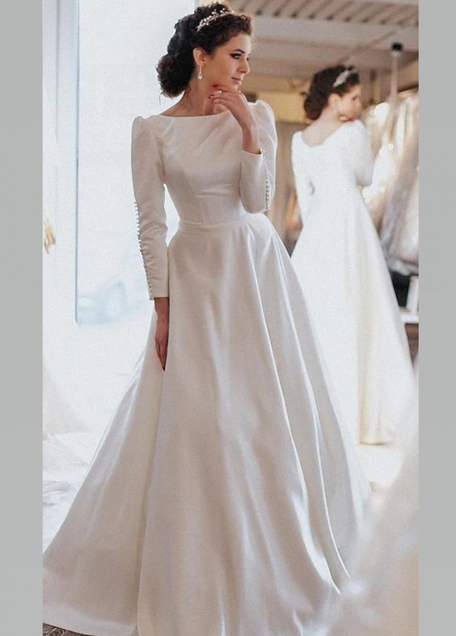 British Style Long Sleeves Wedding Dress Satin Train brautkleider