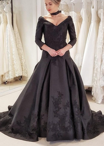Black Appliqued Satin Wedding Dress