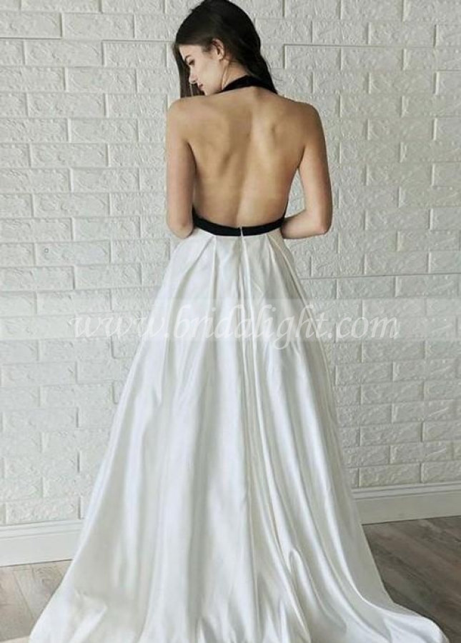 Black and White Wedding Dresses with Halter Neckline