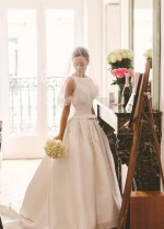 Bateau Satin Wedding Dresses with Buttons Down Train