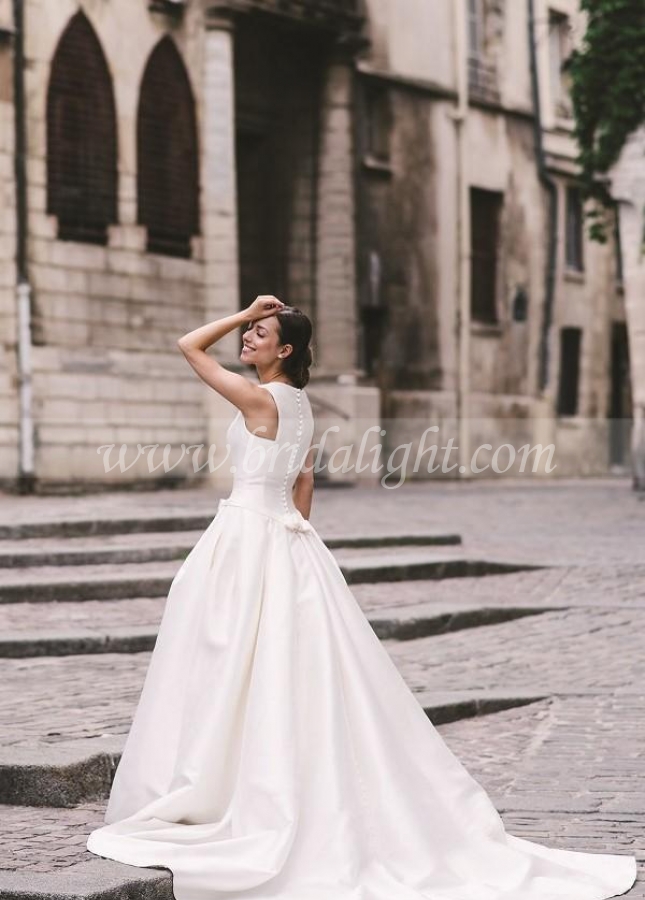 Bateau Satin Wedding Dresses with Buttons Down Train