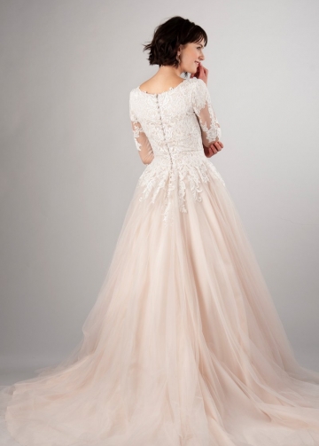 Blush Pink Tulle Wedding Dress with Lace Sleeves