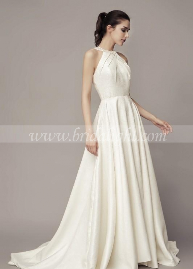 Beaded Halter Satin Bridal Gown with Sweep Train