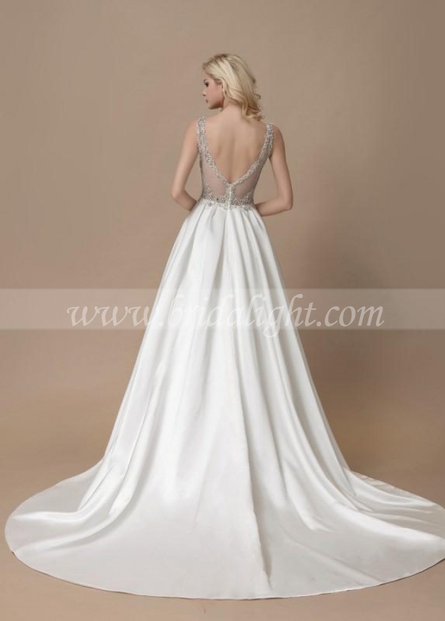 Beaded Satin Wedding Gown with Illusion Back