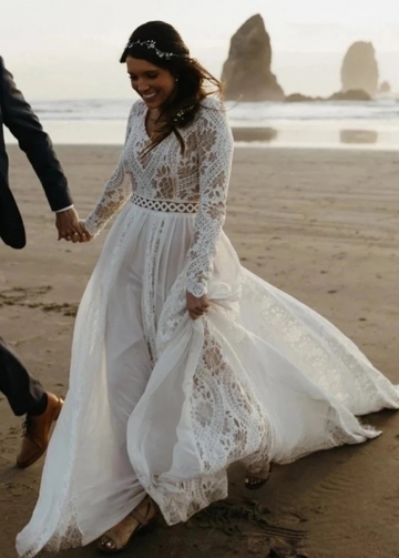 Boho White Ivory Long Sleeve Wedding Dresses Lace Chiffon Beach Bridal Gowns 
