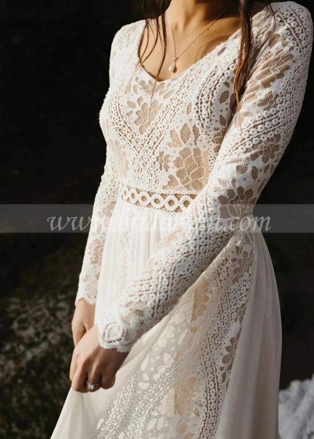 Boho Lace Chiffon Ivory Beach Wedding Dress with Long Sleeves