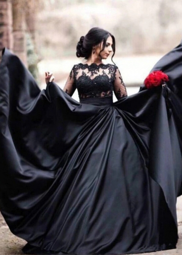 Black Lace Long Sleeves Bridal Gown with Satin Skirt