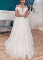 Boho Tulle Off the Shoulder Sequined Wedding Dresses