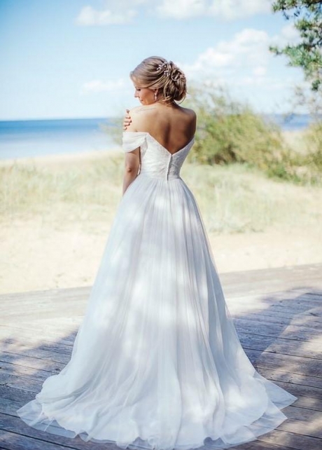 Beaded Lace Off-the-shoulder Wedding Gown with Chiffon Skirt
