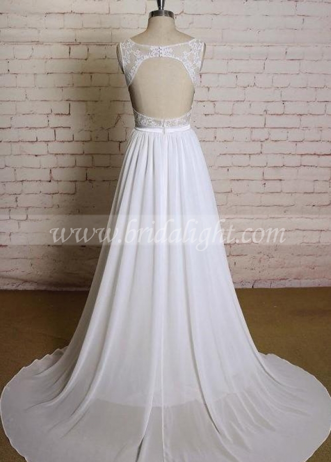 Bohemian Lace Chiffon Wedding Dress with Hollow Back