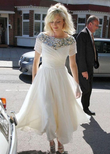 Bateau Sequin Rhinestones Short Sleeves Chiffon Wedding Dress Ankle Length