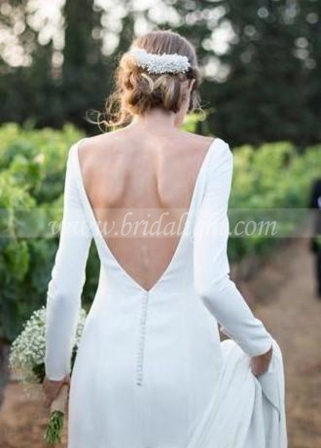 Buttons Long Sleeves Modest Sheath Bridal Dress Wedding