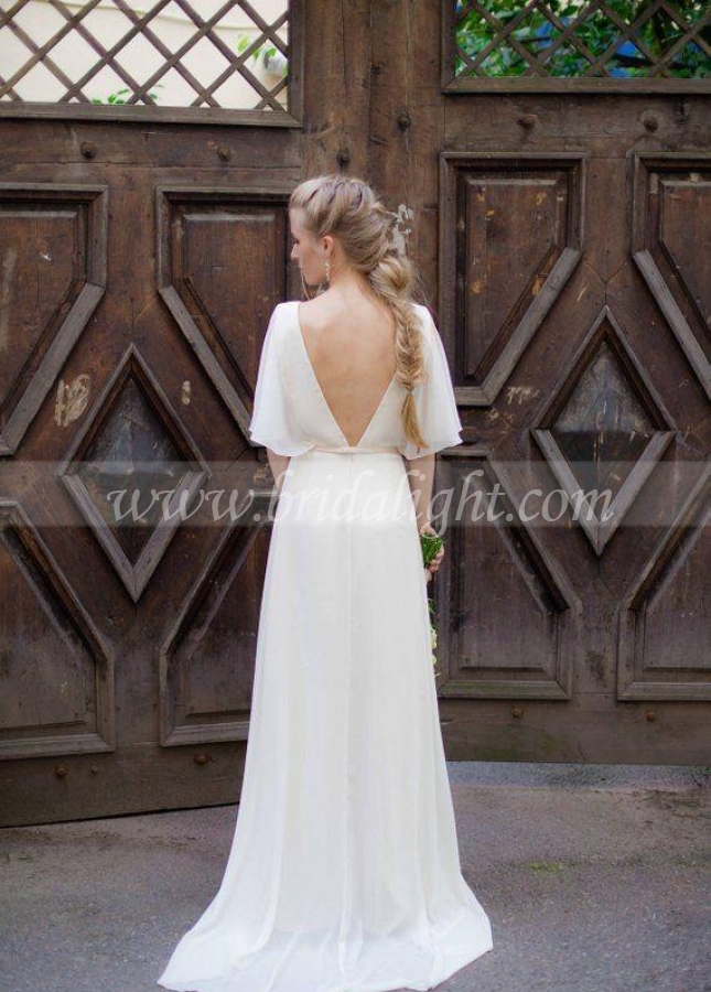 Boat Neck Chiffon Summer Bridal Dresses with Sleeves