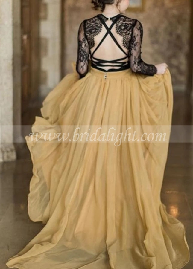 Black Lace Long Sleeve Wedding Dress Yellow Chiffon Skirt