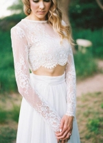 Boho Chiffon Two Pieces Wedding Dresses with Long Lace Sleeves