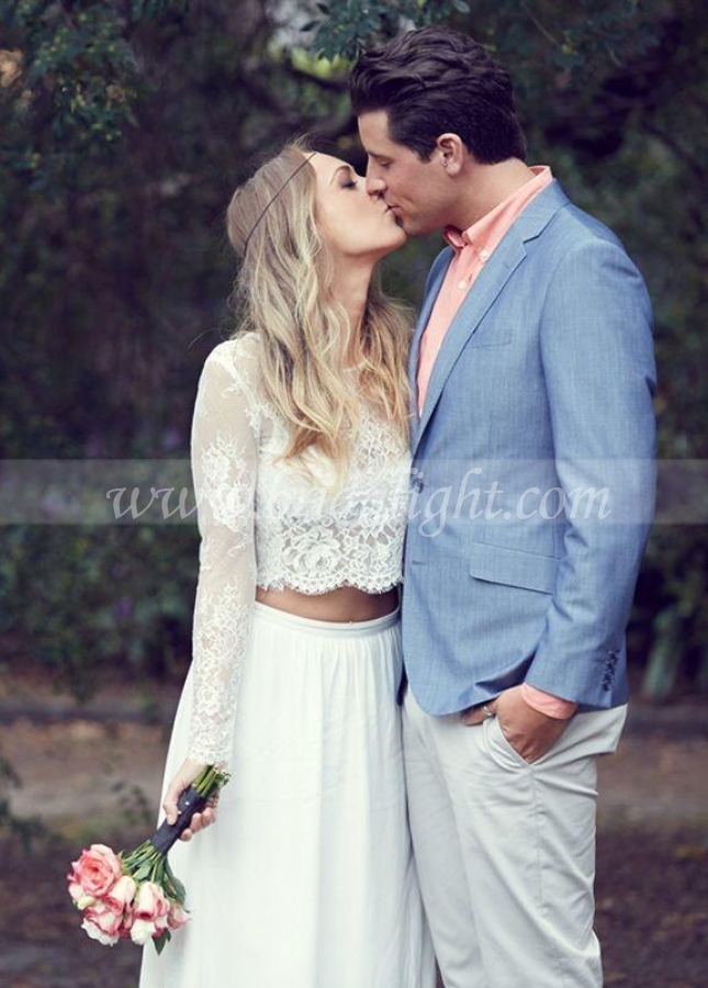Boho Chiffon Two Pieces Wedding Dresses with Long Lace Sleeves