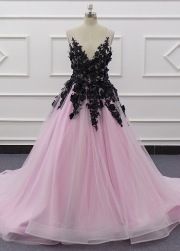 Black and Pink Wedding Dresses V-neck