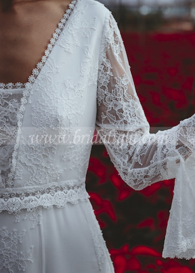 Boho Long Sleeves Lace Chiffon Outdoor Wedding Dress