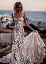 Beautiful Lace Floral Wedding Gown with Shoulder Straps
