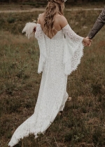 Boho Lace Bride Wedding Dress with Removable Sleeves