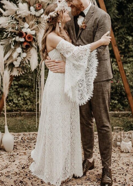 Boho Lace Bride Wedding Dress with Removable Sleeves