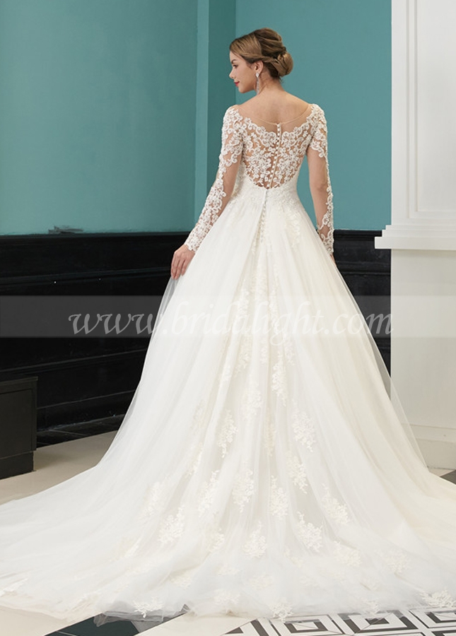 Beaded Appliques Lace Wedding Dress with Long Sleeves