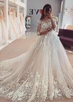 Beautiful Floral Lace Wedding Bridal Gown with Sleeves